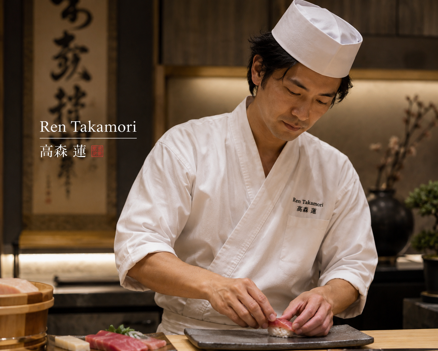 Chef Ren Takamori preparing sushi at KAGARI