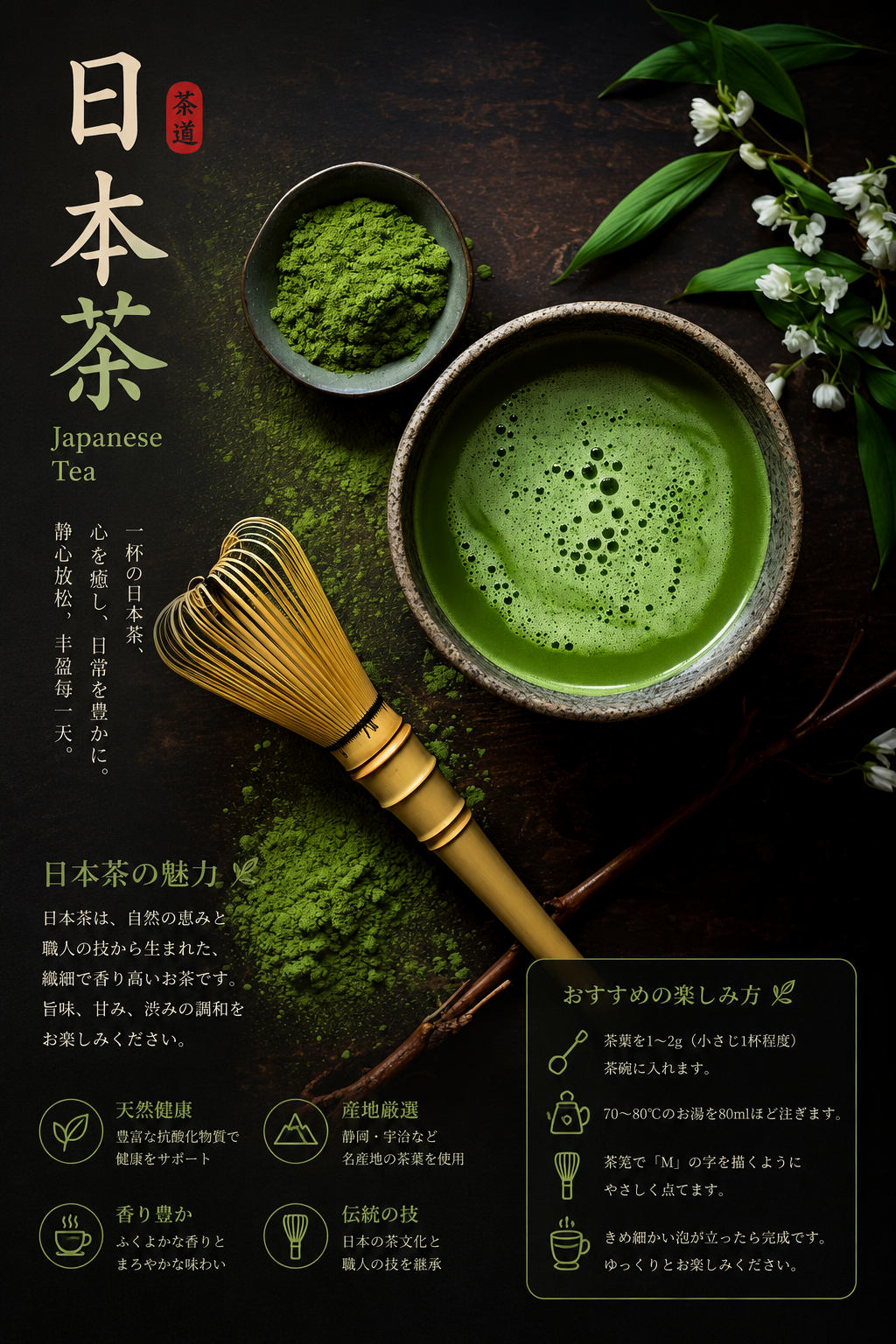 Japanese matcha tea with a bamboo whisk