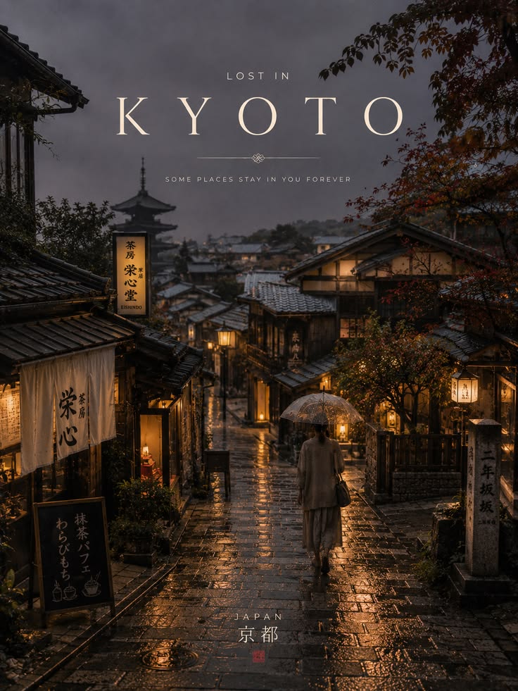 A lantern-lit Kyoto street after rain