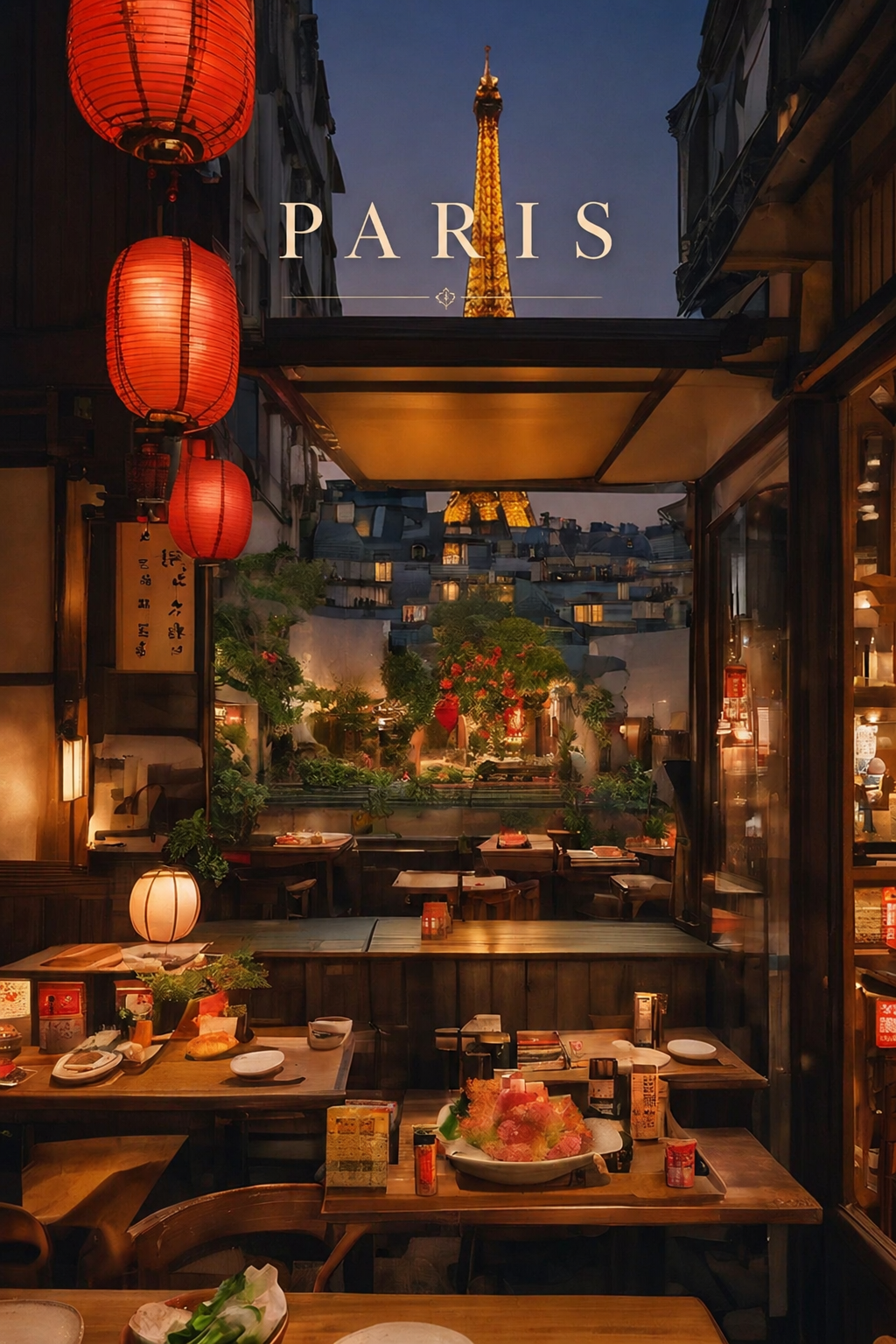 Japanese restaurant interior in Paris with the Eiffel Tower beyond